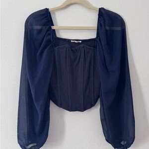 Promesa Navy Puff-Sleeve Square-Neck Blouse